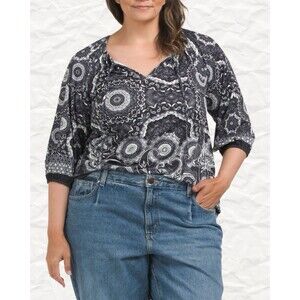 SUNNY LEIGH Women’s Black/White Medallion 3/4 Sleeve Peasant Blouse Size 1X NWT